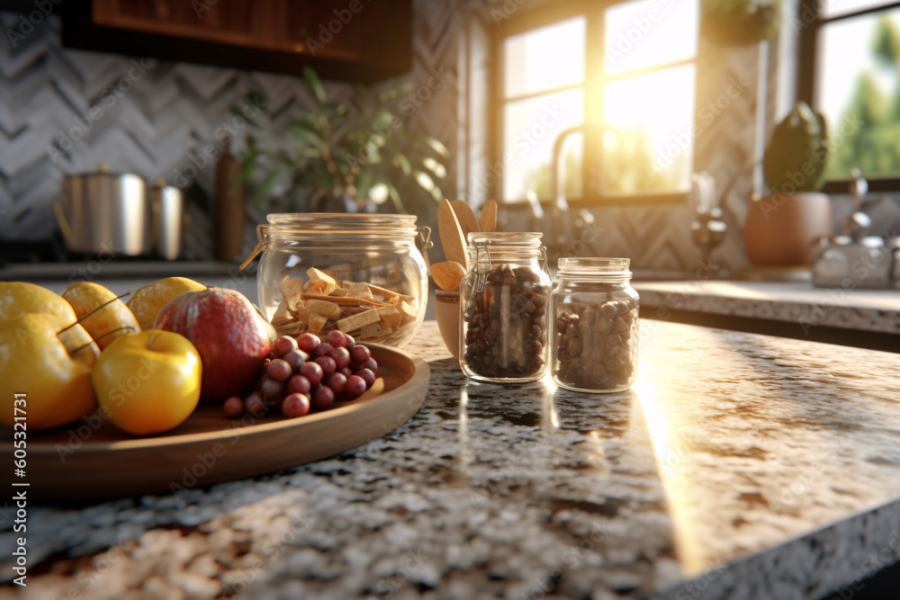 Naklejka premium Traditional Granite Kitchen Countertop - Copy Space for Food and Product Presentation - Generative AI