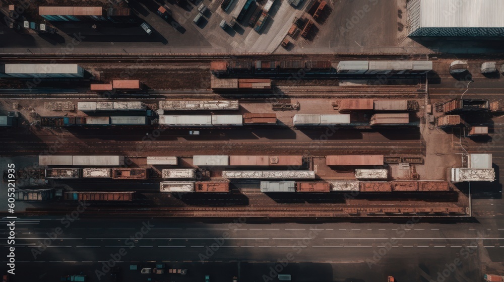 Aerial view of tightly packed shipping containers in a well-organized storage facility. Optimized logistics and efficient distribution. AI-generated.