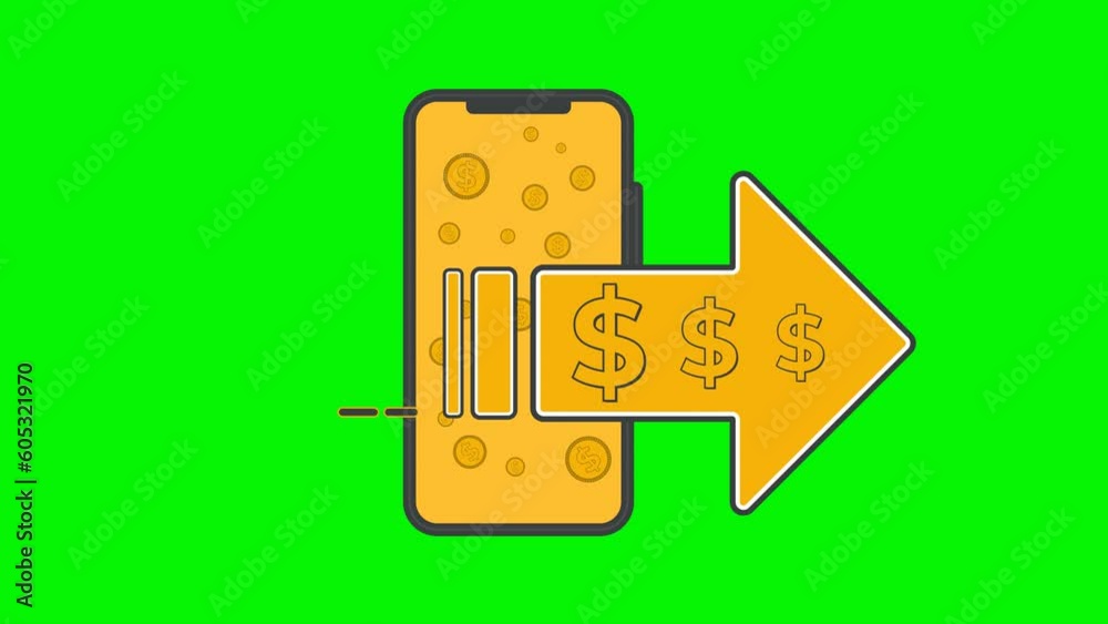 Money transfer from bank to another bank with mobile banking digital payments animation. Green screen background.