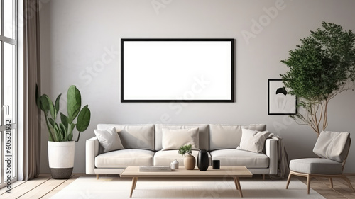 mock up poster frame in modern interior background  living room  Scandinavian style  3D render  3D illustration