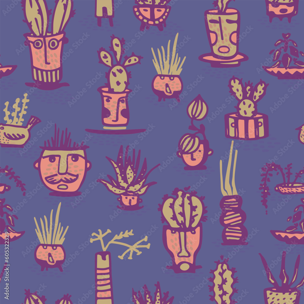 Seamless pattern Color Ceramic pots with cactus comic faces. Different doodle emotions characters. Plant ceramics. Pottery vases trendy concept. Cartoon style. Hand drawn Vector illustration
