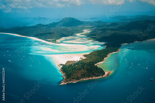Whitehaven Beach and Hill inlet. Aerial Drone Shot. Whitsundays Queensland Australia, Airlie Beach. photo