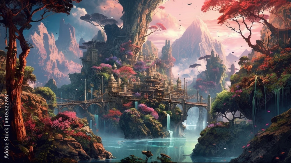 A Colorful Fantasy World Landscape Wallpaper Generative AI