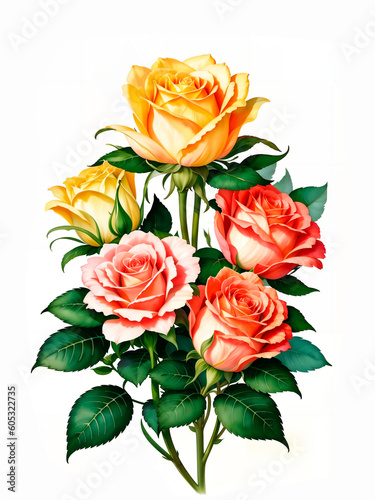 Colorful roses on white background, watercolor style. Bud and flowers of roses on white background, watercolor hand drawing, botanical painting