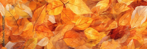 Colorful autumn leaves background. Panoramic format with copyspace for text. AI generative.