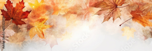 Colorful autumn leaves background. Panoramic format with copyspace for text. AI generative.