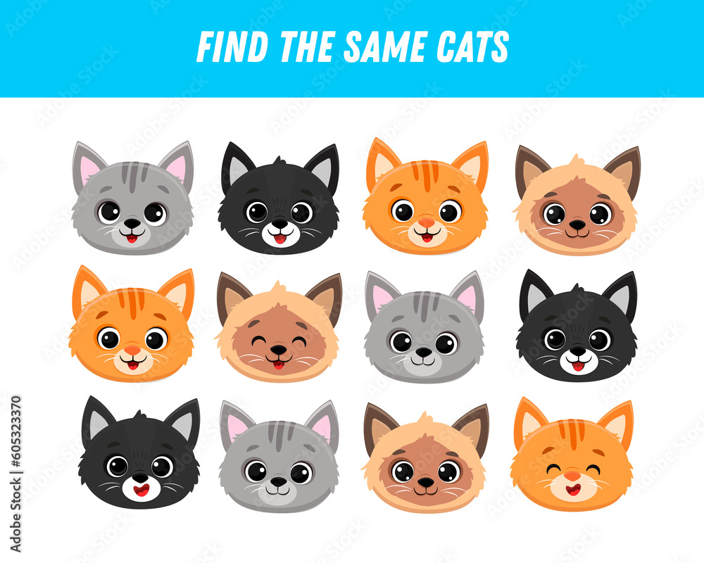 Find the same cats. Logical game for kids. CArtoon kitten faces. Find the same cats. Logical game for kids. CArtoon kitten faces.