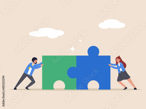 Business concept. Teamwork metaphor. Businessmen pushing two jigsaw puzzle elements. Symbol of working together, cooperation, partnership. Flat vector illustration.