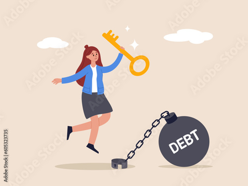 Debt free concept. Freedom for pay off debts, loan or mortgage, solution to solve financial problem. Savings or investment to break free. Happy woman holding key after unlock debt burden chain.