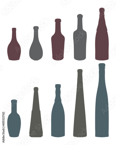 Vector set of colored shape of silhouettes of glass bottles for alcohol, wine, whiskey, vodka, brandy, cognac, beer, kvass, champagne, liqueur
