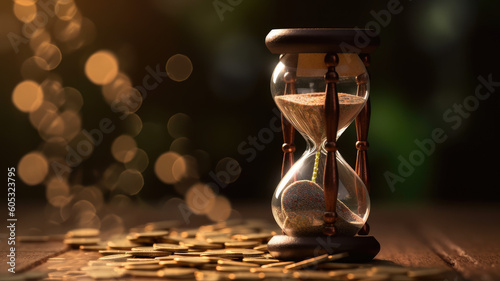 Golden coins and hourglass clock. Return on investment, deposit, growth of income and savings, time is money concept.