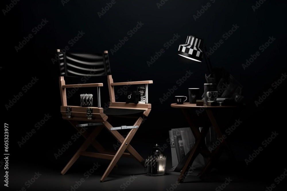 Obraz premium Director Chair, Movie Clapper and Megaphone in the volumetric light on a black background, generative ai