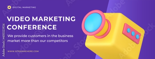 Video marketing conference promo content shooting social media banner template 3d icon vector