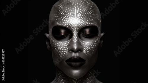 Alien faces design concept. Modern portrait of a stylish android man, brutal model face in makeup. Created with AI