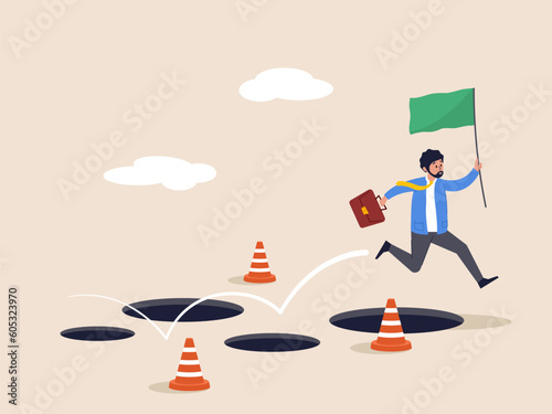 Success to win in business competition concept. Overcome obstacles or motivation to solve problem and lead company achievement, confident businessman leader jump high over hurdles to be winner.