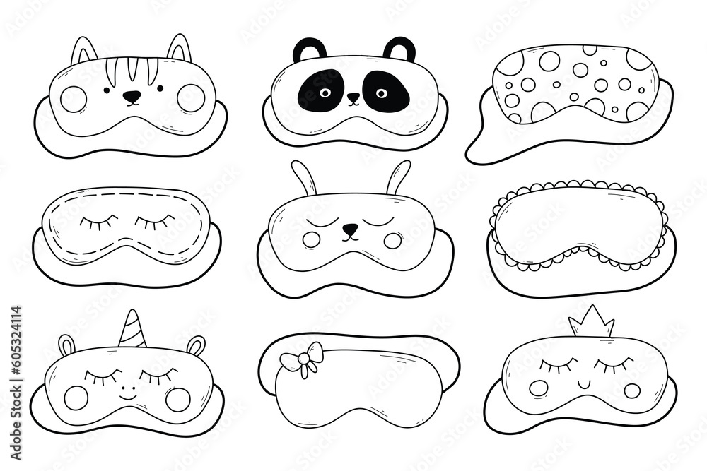 Set of sleep masks in doodle style. Collection of linear masks. Vector illustration. Iasca for sleeping with a cat, panda, unicorn.