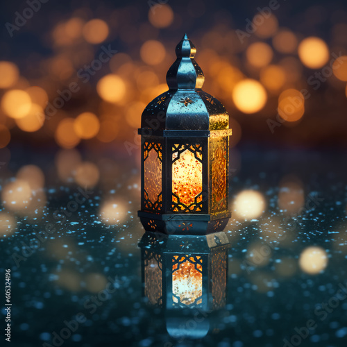 Ramadan lantern on a reflective water surface with a background of blurry lights and a mute background, creative ai 