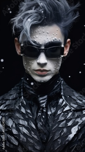 Fashion glasses design concept. Modern portrait of a stylish man in designer sunglasses, brutal model face in makeup. Created with AI