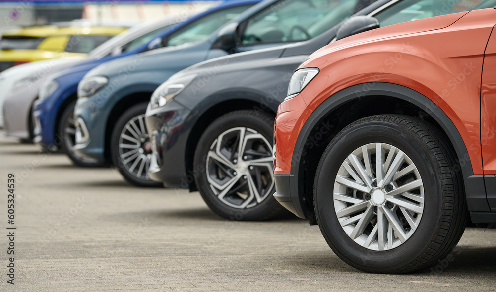 Row of cars. Rental services or buying and sale of used automobiles