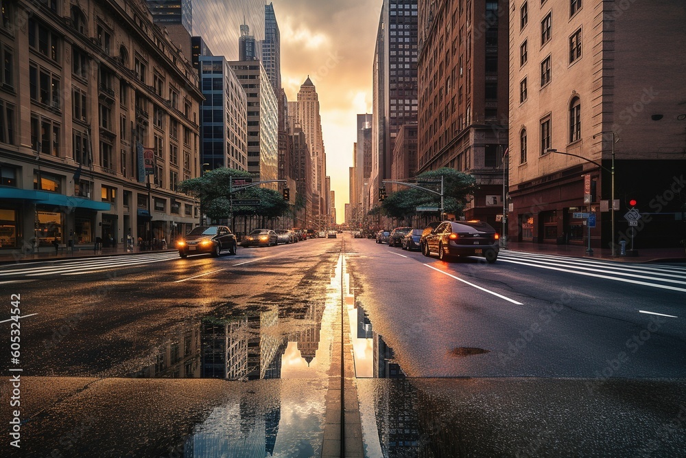 Sunrise Symphony: Future New York City with Marvelous Sky Reflections.