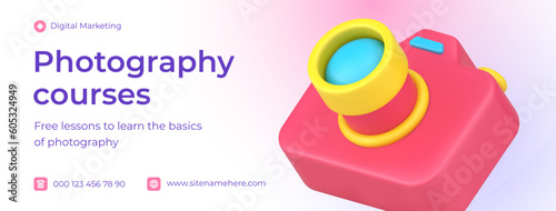 Photography courses camera shooting education internet social media banner 3d icon vector