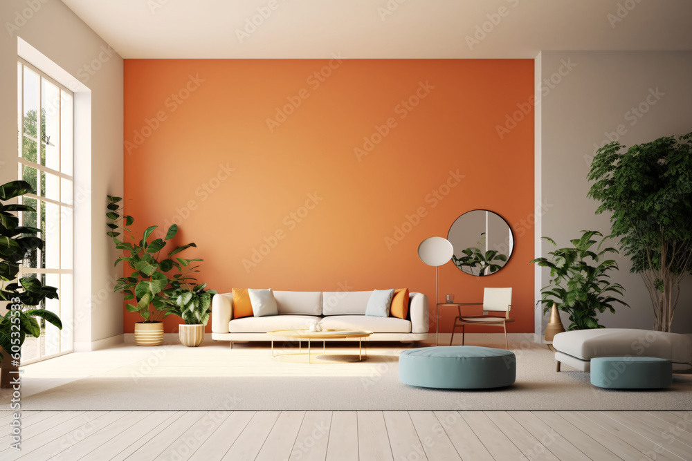 Modern Living Room Interior With Vibrant Orange Walls and White ...