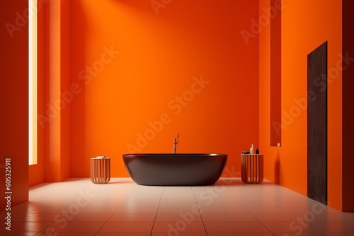 Modern Bathroom Interior With Vibrant Red Orange Walls Colors for Mockup Design - 8K Ultra High Resolution - Generative AI