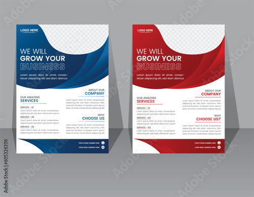 Red and Blue color modern creative business flyer design template a4 size half page size for company industry promotion and growth. vector file outline