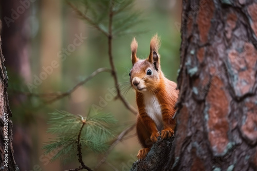 Red fluffy squirrel on a tree. Generative AI.