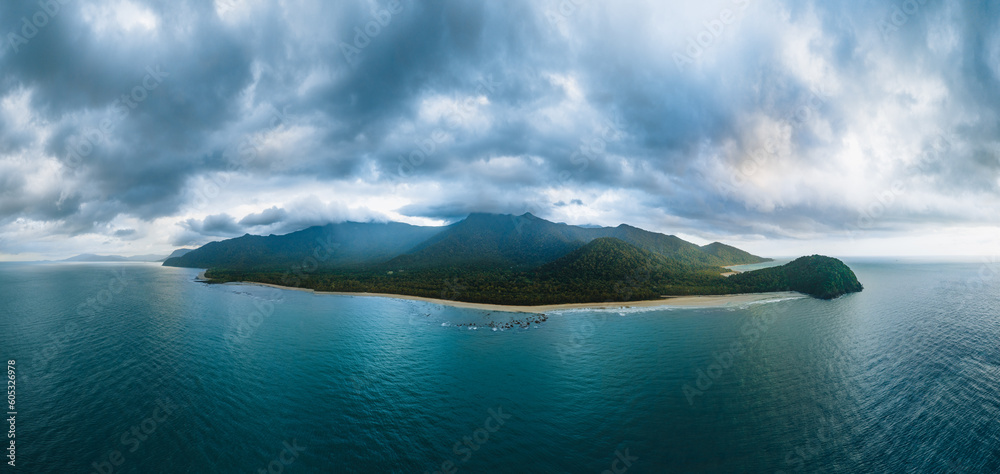 Aerial image of Cape Tribulation a remote headland in tropical far northeast Queensland, Australia. A coastal area within Daintree National Park.