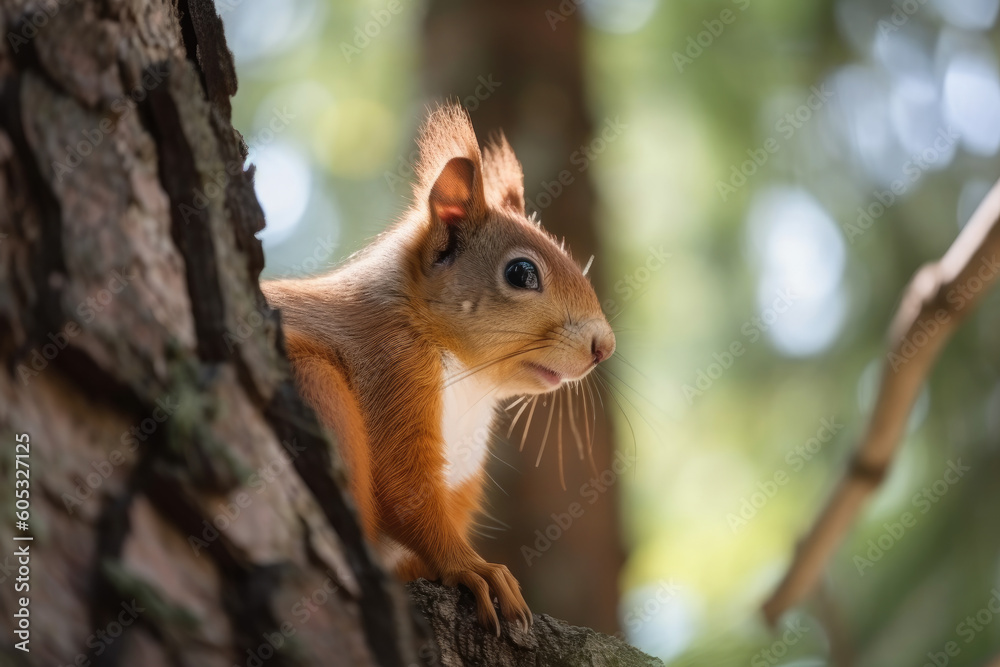 Red fluffy squirrel on a tree. Generative AI. Red fluffy squirrel on a tree. Generative AI.