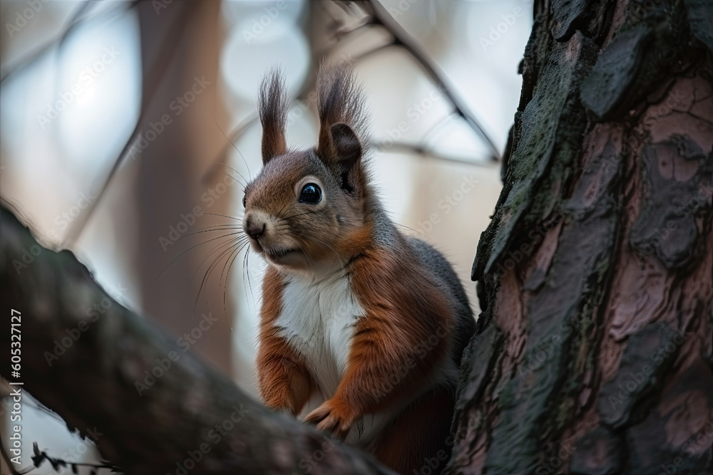 Fototapeta premium Red fluffy squirrel on a tree. Generative AI.