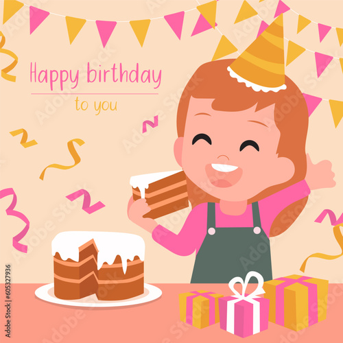 A little girl rejoices at her birthday and eats a cake