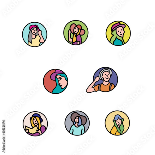 in every window pane women wore sun hats of various styles. minimal flat design style vector illustration