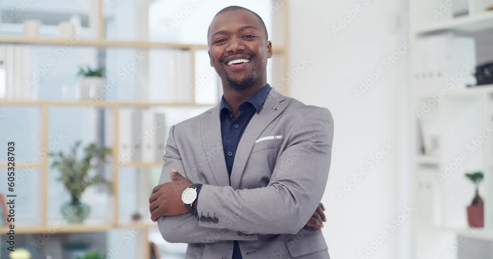 African business man, arms crossed and face with smile in office for entrepreneurship, startup and motivation. Black businessman, entrepreneur and portrait with pride for career, company or workplace African business man, arms crossed and face with smile in office for entrepreneurship, startup and motivation. Black businessman, entrepreneur and portrait with pride for career, company or workplace