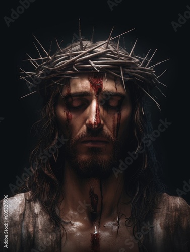 Jesus Christ crucified martyr for the sins of mankind in a crown of thorns with streaks of blood, generative ai