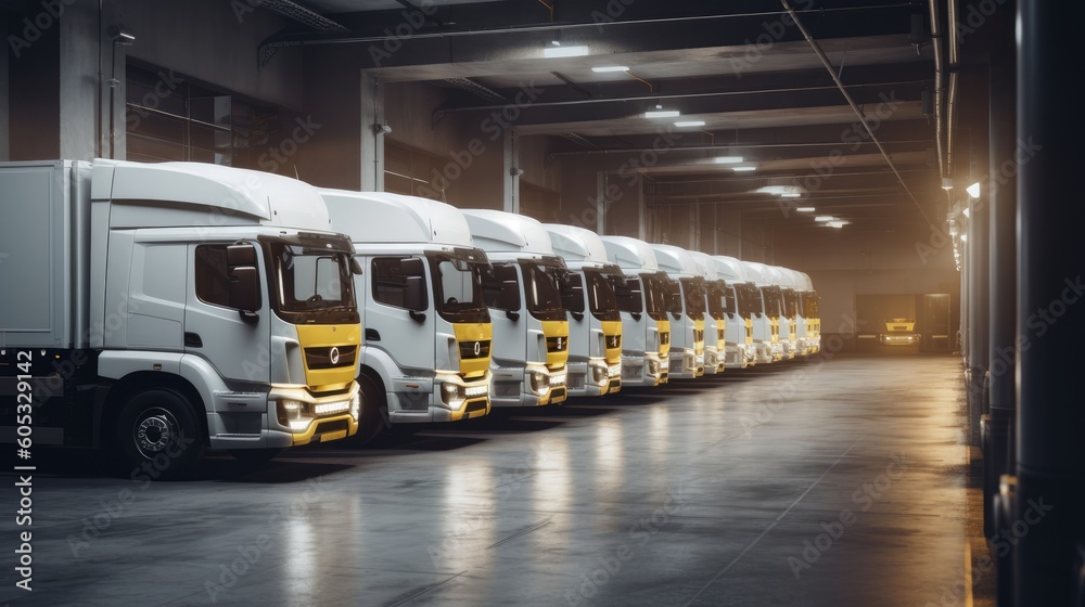 Electric vehicle fleet charging in logistics hall. Unloading of delivery truck. Sun and wind energy production facility. Sustainable shipping and logistics. AI-generated.