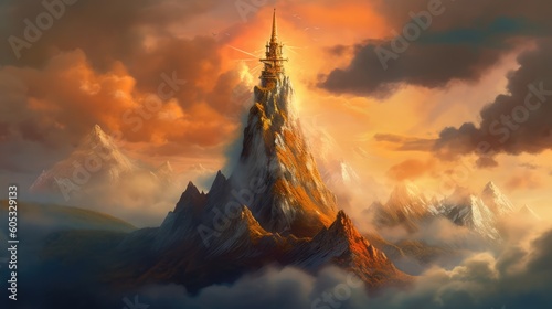 Castle Surrounded by Mountains Landscape With Golden Hour Atmosphere Wallpaper Generated AI