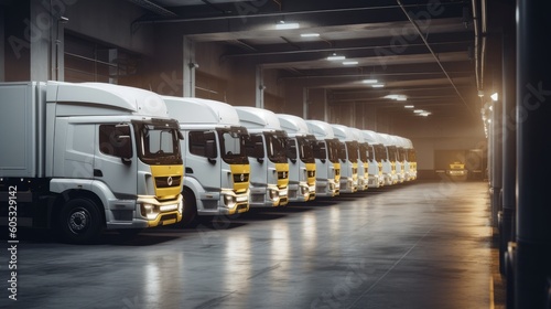 Electric vehicle fleet charging in logistics hall. Unloading of delivery truck. Sun and wind energy production facility. Sustainable shipping and logistics. AI-generated.