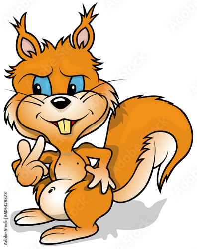 Cute Orange Squirrel with Blue Eyes from the Side View Standing on the Ground