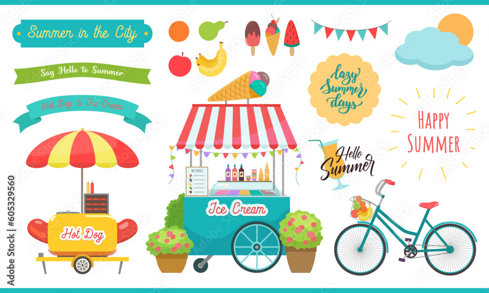 Summer clipart set with street food cart. Summer city graphics. Ice cream stall and hot dog truck. Bicycle with basket. Summer greeting tags, banners, flags for scrapbook, stickers, jounaling.