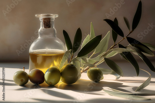 Olive oil in small bottle with olives and branch of olive tree with soft shadow. Generative AI.