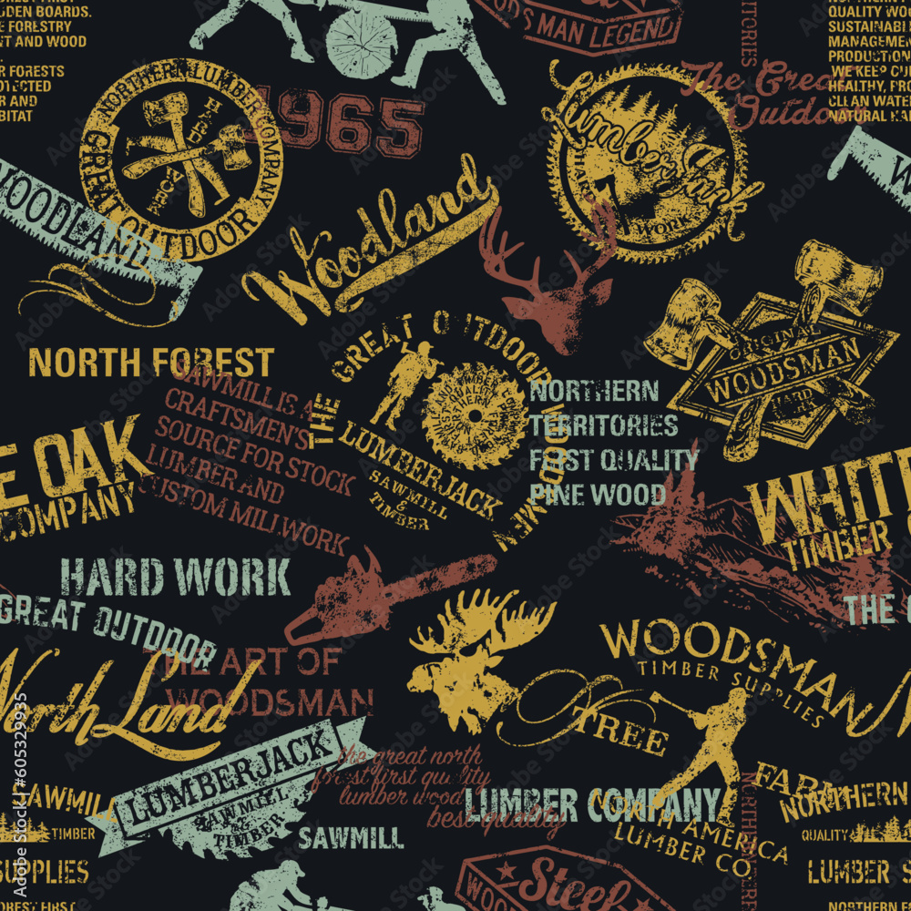 Fototapeta premium Lumberjack woodsman badge symbols and silhouettes patchwork grunge vector seamless pattern