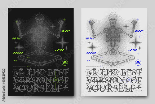 Techno poster with pixelated human skeletons. with dither effect. Elements with grunge style, shabby retro text. Contemporary high quality print for T-shirts, sweatshirts, and hoodies