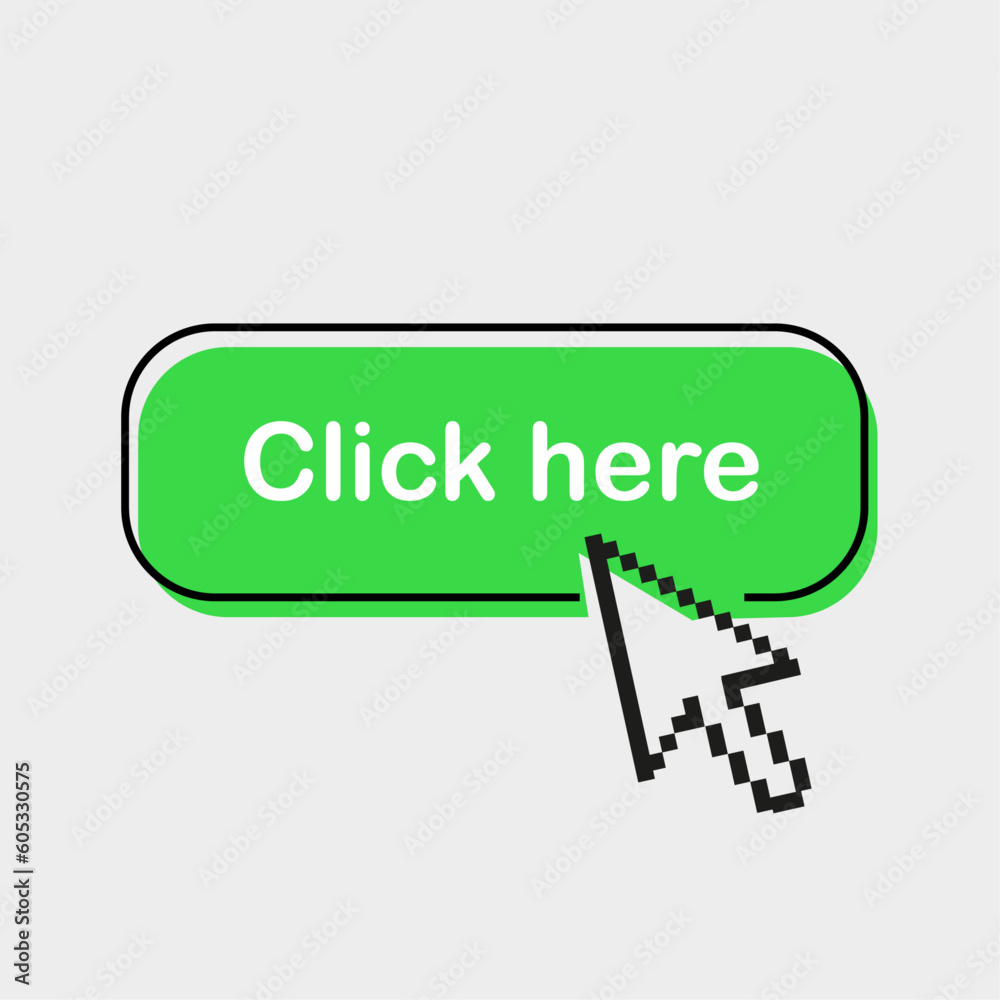 Click here green button with arrow pointer clicking icon. Web button. Flat vector illustration. Click here green button with arrow pointer clicking icon. Web button. Flat vector illustration.