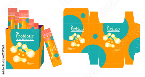 The packaging design of dietary supplement product, probiotic plus hyaluronic acid and collagen concept box template and mockup box, illustration vector.