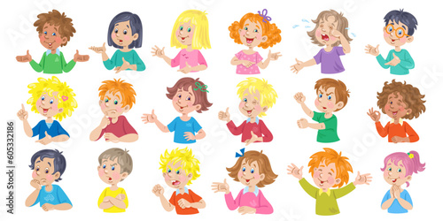 Big set of children of different nationalities with various emotions and gestures. Diversity facial expression. Avatar icons. In cartoon style. Isolated on white background. Vector illustration.