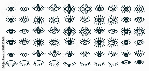 Vector Simple Flat Black and White Outline Eye Icons. Linear Open and Closed Eyes Images, Sleeping Eye Shapes with Eyelash, Supervision and Searching Signs, Observation and Search Marks Collection