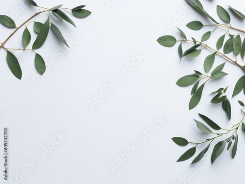 Branches and leaves of eucalyptus on a white background. Eucalyptus minimal background on white. Flat lay, top view, copy space, Ai Generative