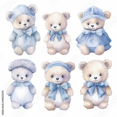set of teddy bear and blue ribbon